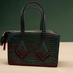 Zara Dark Green Croc-Embossed Mini Tote Bag